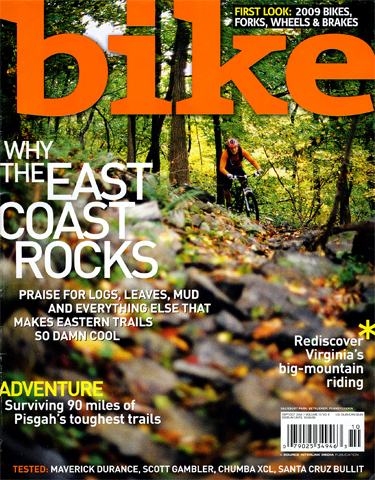 Bike magazine Sept/Oct., 2008 cover features Walking Purchase Park (Salisbury) trail, built by Valley Mountain Bikers
